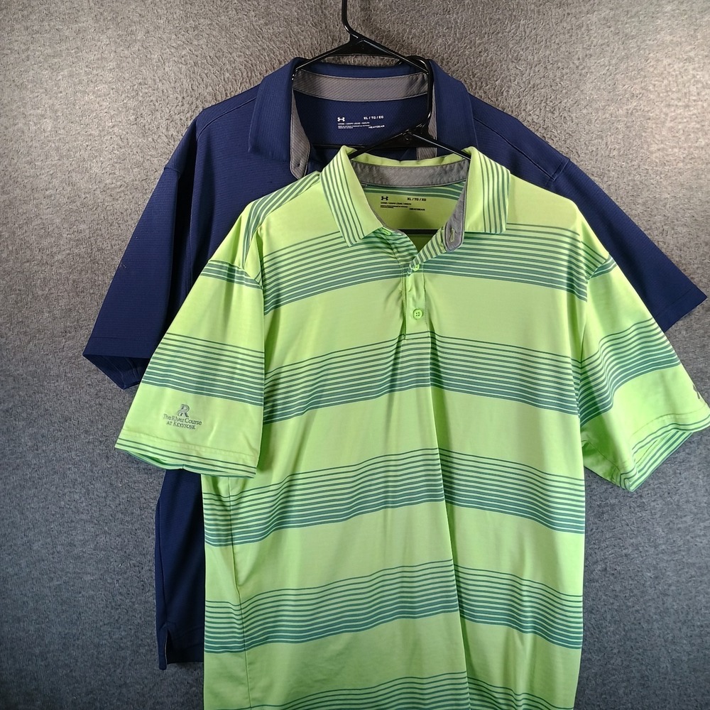 Lot of 2 Under Armour Loose Polos Mens XL Striped Logo Heatgear Golf Lightweight